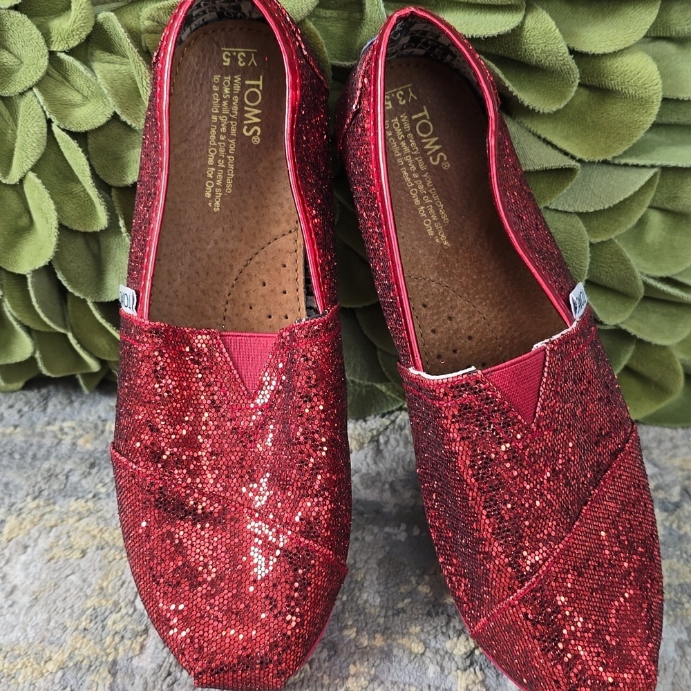 TOMS Red Glitter Slip-On Shoes 3.5Y